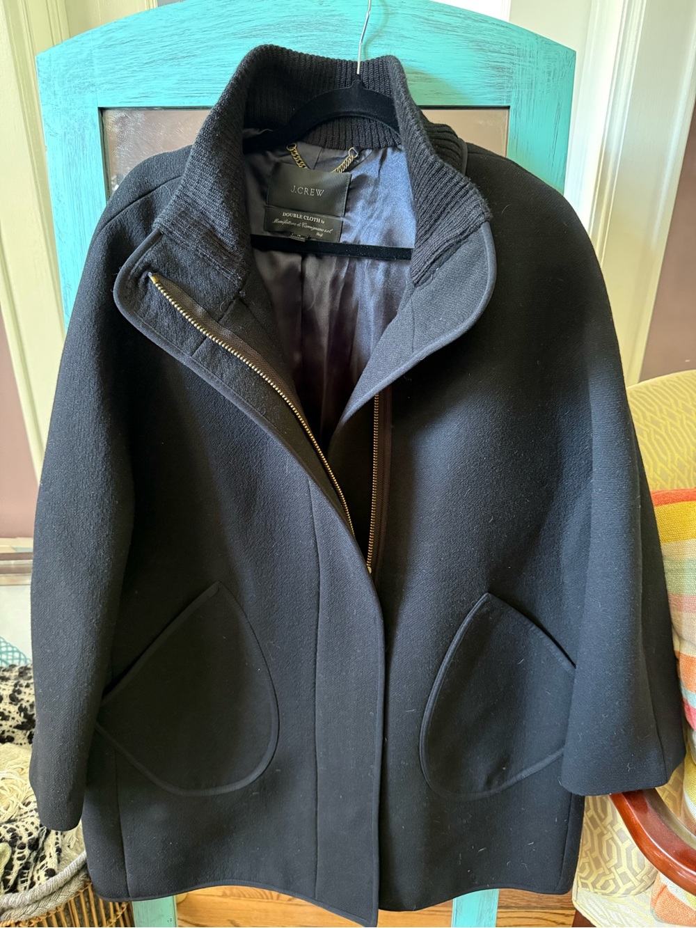 J CrewWomen's Black Stand-Collar Wool Cocoon Coat .Italian Stadium Cloth - Picture 2 of 4